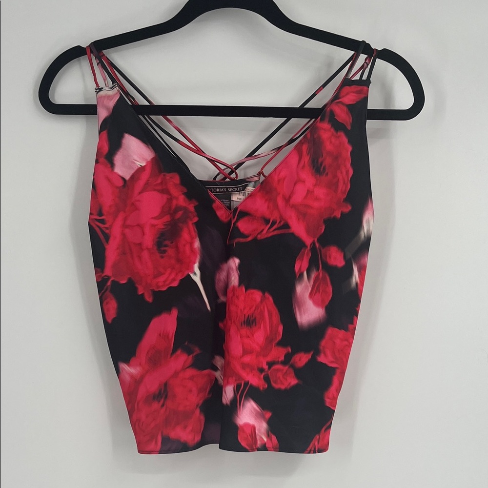 Victorias Secret Red and Black Floral Strappy Sleepwear Tank Top Size Large